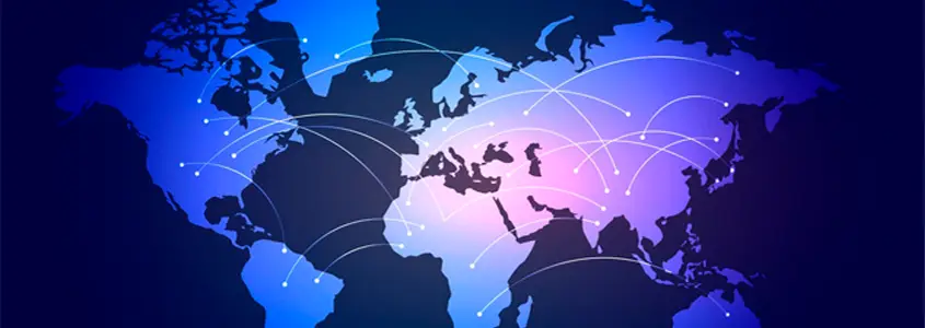Mapa-múndi com conexões globais, representando a colaboração em equipes de tecnologia e as oportunidades para desenvolvedores brasileiros em equipes internacionais.