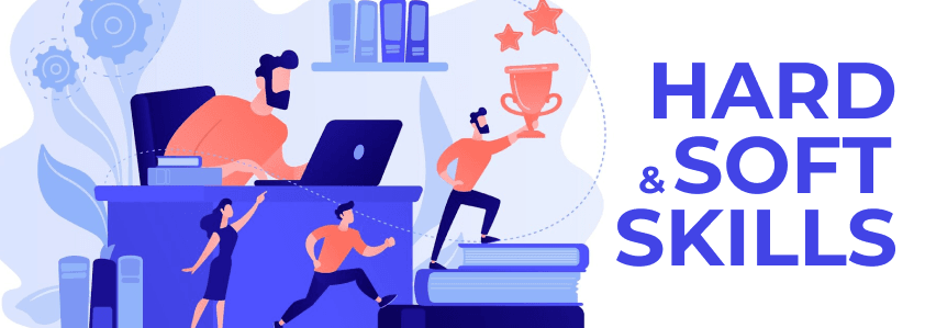 Ilustração representando o conceito de Hard e Soft Skills. Um profissional trabalha em um computador enquanto outros personagens simbolizam crescimento e conquistas, refletindo a importância das habilidades técnicas e comportamentais no mercado de trabalho internacional.