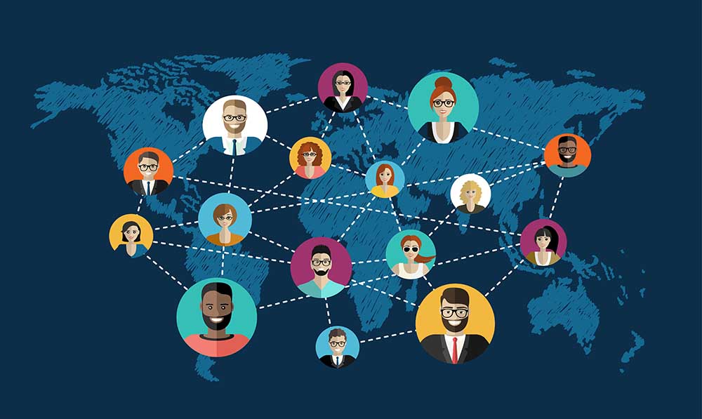 Mapa global destacando membros de equipes conectados, simbolizando as estratégias eficazes de colaboração. Dicas de comunicação clara e uso de ferramentas para desenvolvedores em equipes globais de tecnologia.