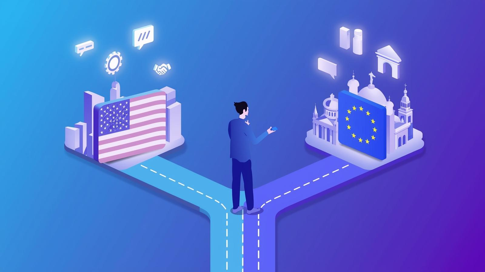 Ilustração 3D representando a escolha de carreira em TI entre EUA e Europa